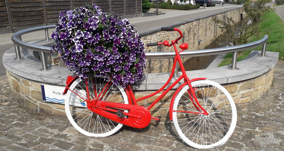 Een door Kwekerij Rob Hendriks met bloemen aangeklede fiets
